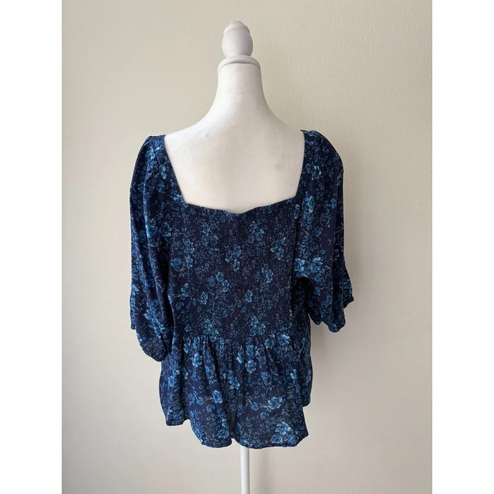 Old Navy Blue Floral Peasant Top 2X Square Neck Smocked Back Cotton Rayon Blouse